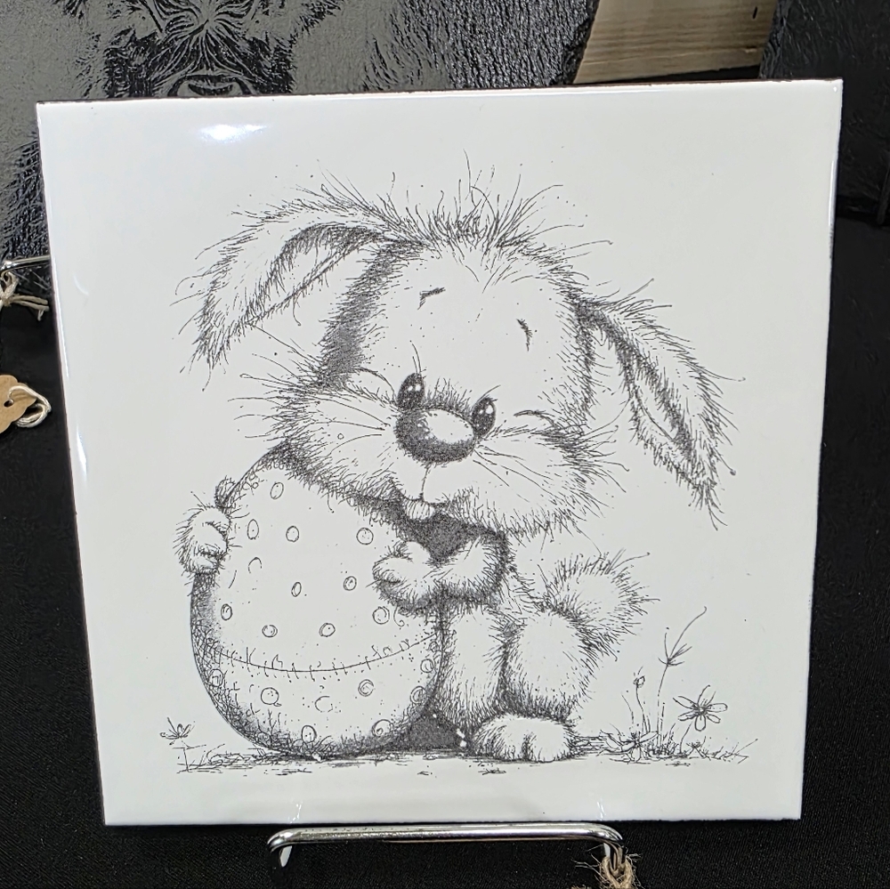 Cute Bunny with Easter Egg Art Tile - Black and White - 6 X 6